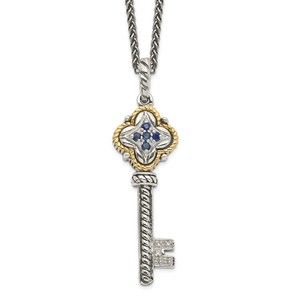 925 Sterling Silver 14k Gold Accent 18" Antiqued Sapphire & Diamond Key Necklace
